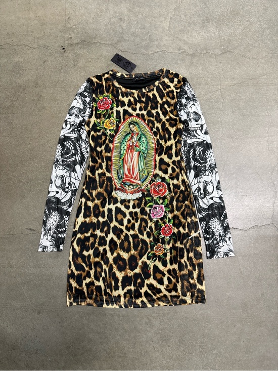 Ed Hardy Dresses & Skirts - Ed Hardy x Dolls Kill Virgin Mary Leopard Mesh Tee Mini Dress Women’s Medium NEW